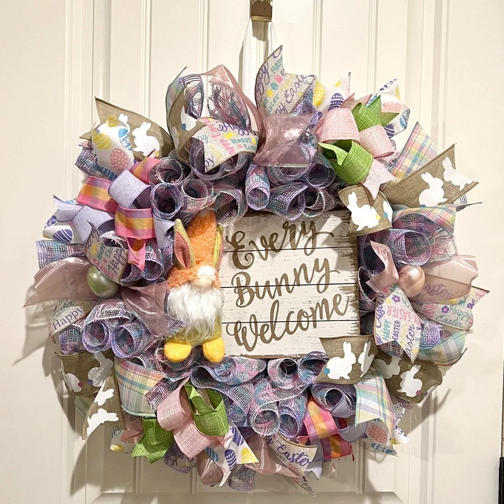23” Easter Ribbon Wreath Bunny Gnome in Pink, Purple & White Handmade W6